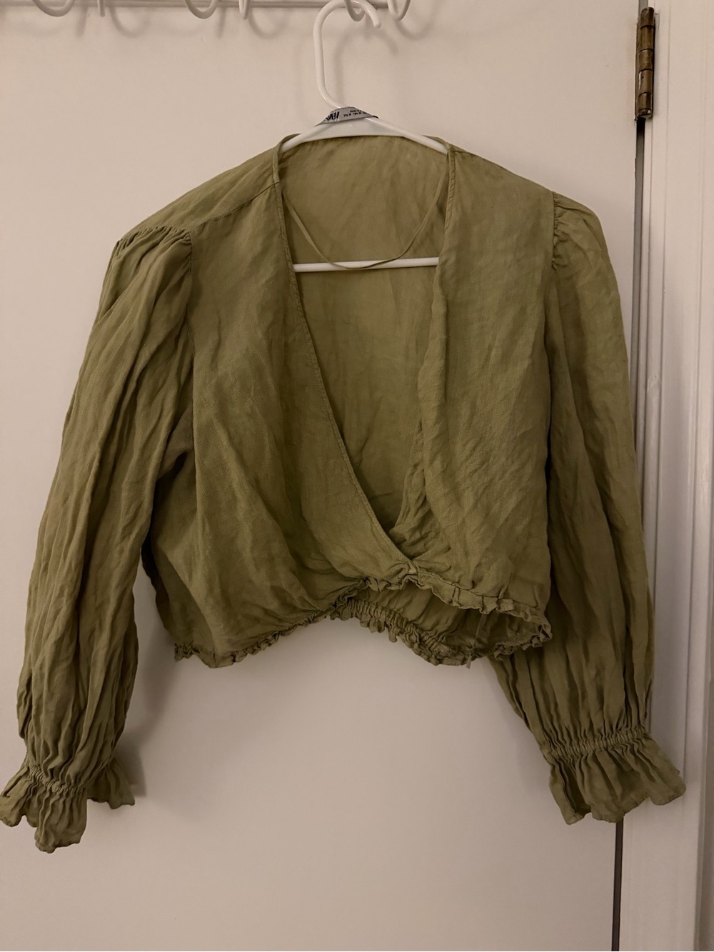 Zara Olive Cropped Wrap Blouse with Puff Sleeves